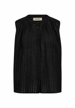 Sleeveless black blouse with vertical textured stripes, round neckline, and front button closure.