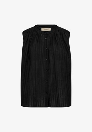 Sleeveless black blouse with vertical textured stripes, round neckline, and front button closure.