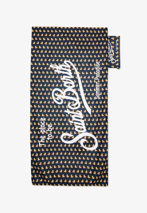 Ciemnoniebieski ręcznik z powtarzającym się wzorem żółtych gumowych kaczek oraz białym napisem "Saint Barth Summer Paradise" i "The place to be."