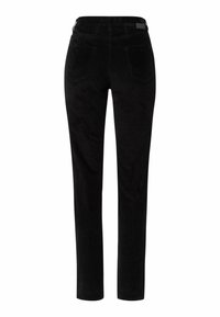 Zwarte corduroy broek met rechte pijpen, middelhoge taille, twee achterzakken en subtiele stikseldetails. Zachte textuur en duurzaam materiaal.