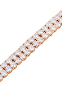 Bracciale in oro rosa con numerosi rhinestones rotondi e trasparenti incastonati in montature a griffe, creando un design lineare e scintillante.