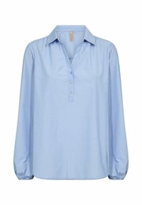 Blusa a rayas azul claro con cuello, media botonadura y mangas largas abullonadas. Hecha de una tela suave, presenta detalles de botones.