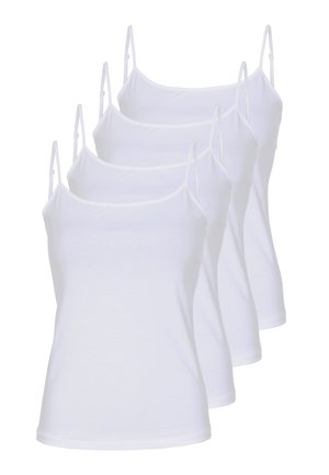 Four white cotton camisoles featuring thin adjustable straps, a scoop neckline, and a smooth texture. Each has a classic, fitted design.