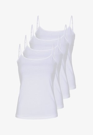 Fire hvide bomulds-camisoler med tynde justerbare stropper, en rund halsudskæring og en glat tekstur. Hver har et klassisk, tætsiddende design.