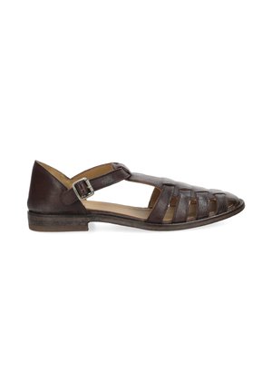 Dark brown leather closed-toe sandal with multiple straps, ankle buckle closure, low flat heel, and cushioned insole.