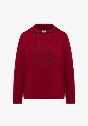 Sweatshirt à capuche rouge avec des manches longues, présentant un design de montagne texturé et le texte "NOUVEAU CHEMIN". Fabriqué en tissu doux et lisse.