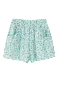 Shorts bleu clair avec un motif floral en bleu plus foncé, dotés d'une taille élastique et de deux poches latérales. Texture de tissu douce.