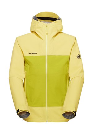 Giacca outdoor con cappuccio gialla e verde chiaro con cerniera frontale, tasche laterali, logo Mammut sul petto e sulla manica, maniche lunghe con polsini regolabili.