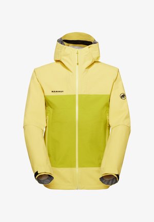 Giacca outdoor con cappuccio gialla e verde chiaro con cerniera frontale, tasche laterali, logo Mammut sul petto e sulla manica, maniche lunghe con polsini regolabili.