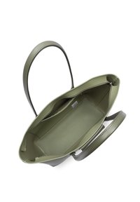 Sac en cuir vert clair avec deux poignées, ouverture sur le dessus, intérieur spacieux et poche intérieure plaquée sur fond blanc.