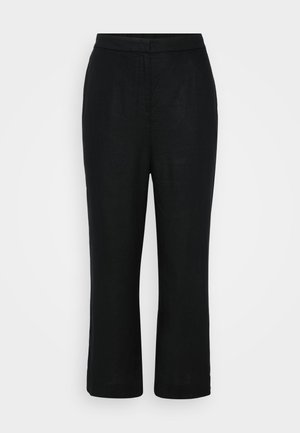 Sorte linbukser med rett snitt, midjehøyde og cropped lengde, med en glatt tekstur og uten synlige lukkinger.