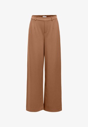 Wide-leg trousers in a rich brown color, featuring a smooth fabric, elastic waistband, and two front pockets for added utility.