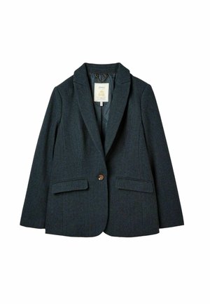 Dark blue blazer made from textured wool fabric, featuring a notched lapel, two front pockets, and a single brown button closure.