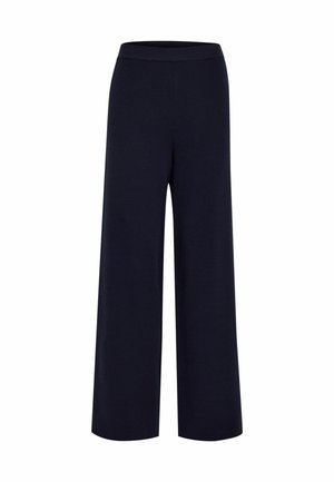 Pantaloni a gamba larga in tessuto blu scuro, con una vita elastica liscia e una vestibilità comoda, realizzati in materiale morbido e leggero.