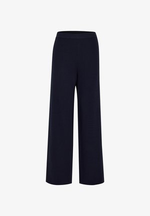 Wide-leg trousers in dark navy fabric, featuring a smooth, elastic waistband and a relaxed fit, crafted from soft, lightweight material.