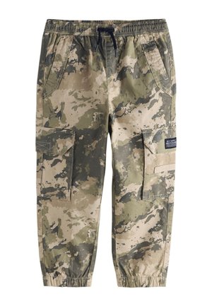 Pantaloni cargo mimetici per bambini con vita e polsini elasticizzati, tasche laterali e chiusura a coulisse in tonalità verde e beige.