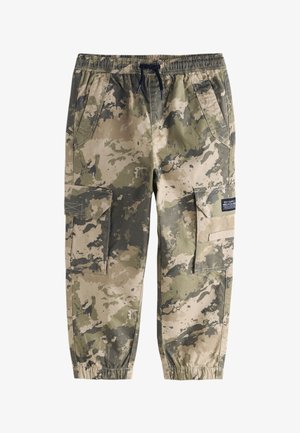 Børne camouflerede cargobukser med elastisk talje og manchetter, sidelommer og snørelukning i grønne og beige toner.