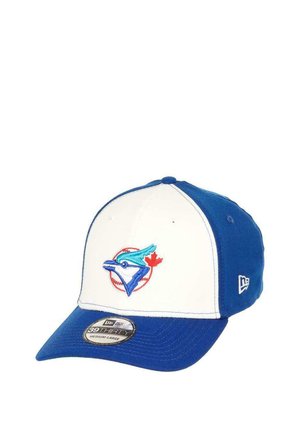Baseball cap with a white front, blue sides, and embroidered bird logo. Features a curved brim and a 39THIRTY tag on the brim.