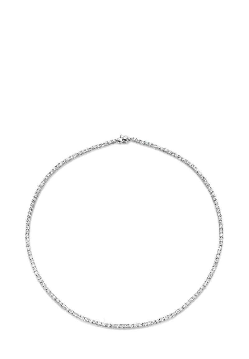 Collana d'argento con una catena sottile e flessibile decorata con piccole pietre preziose scintillanti, creando una linea continua di brillantezza.