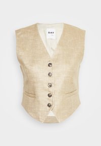 Beige Leinenweste mit V-Ausschnitt, sechs Knöpfen auf der Vorderseite und zwei Seiten Taschen. Glatte Textur mit einem dezenten Webmuster.