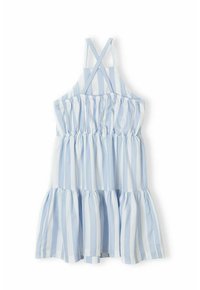 Vestido sin mangas a rayas azules y blancas con un dobladillo con volantes, que presenta un corsé de smock y tirantes traseros entrelazados. Textura de tejido suave.