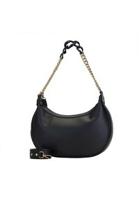 Borsa hobo nera con una finitura liscia simile alla pelle, caratterizzata da una tracolla chunky in nero e oro e una tracolla rimovibile in pelle nera.