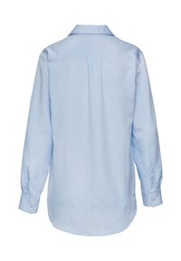 Camisa de manga larga azul claro con espalda recta y puños abotonados, hecha de una tela ligera y suave. Presenta un cuello clásico y detalles de pliegues.