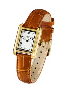 Montre rectangulaire dorée avec bracelet en cuir marron à motif crocodile. Cadran blanc avec chiffres romains noirs et une petite couronne sur le côté.