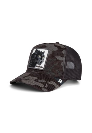 Black camo cap with mesh backing, featuring an embroidered panther graphic on a white patch. Structured shape with a curved brim.