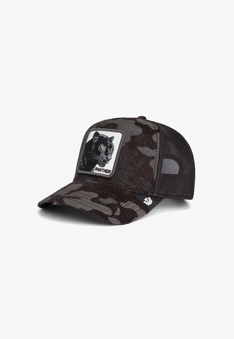 Gorra de camuflaje negra con parte trasera de malla, que presenta un gráfico bordado de un pantera en un parche blanco. Forma estructurada con visera curva.