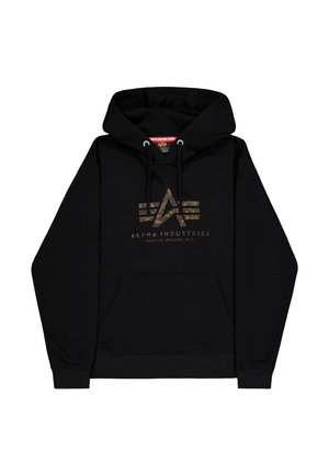 Hanorac negru din bumbac, cu un logo grafic auriu cu dungi și text pe partea din față și cu buzunar tip cangur. Glugă ajustabilă cu șnur.