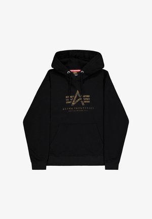 Hanorac negru din bumbac, cu un logo grafic auriu cu dungi și text pe partea din față și cu buzunar tip cangur. Glugă ajustabilă cu șnur.