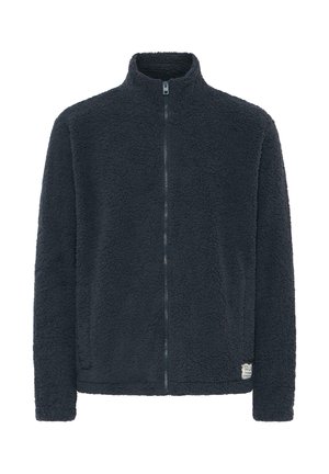 Chaqueta de forro polar de color gris oscuro con cuello alto, cremallera frontal completa y textura suave. Presenta un peque�ño parche logo en la parte inferior.