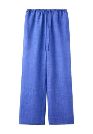 Modré ľanové nohavice s širokými nohavicami, elastickým pásom a šnúrkou vpredu, zobrazené na bielom pozadí.