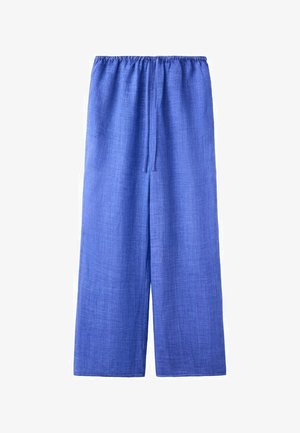 Modré široké kalhoty z lnu s elastickým pasem a předním stahováním na šňůrku, zobrazené na bílém pozadí.