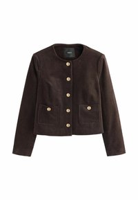 Brown corduroy jacket with a round neck, six gold buttons, and two front pockets. Textured fabric with a fitted silhouette and long sleeves.