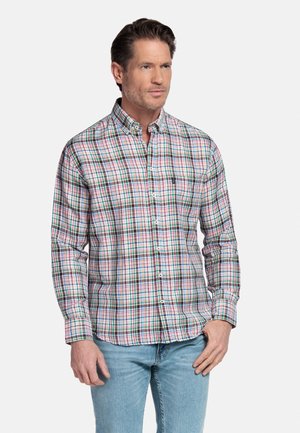 Man staand, vooruitkijkend, gekleed in een meerkleurig geruit overhemd met knopen en lichtblauwe spijkerbroek, met een neutrale uitdrukking.