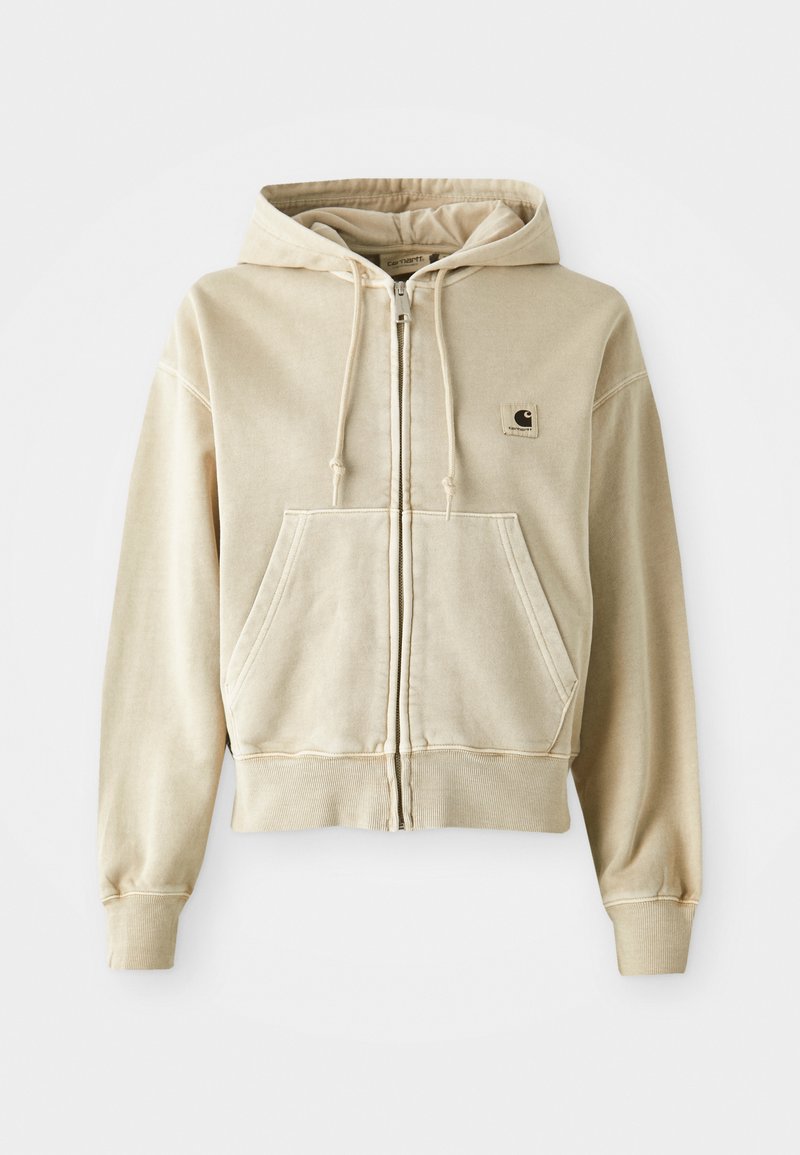 Haut à glissière couleur kaki en coton doux, avec une poche kangourou à l'avant, une capuche à cordon de serrage et des poignets ainsi qu'un ourlet côtelés. Logo Carhartt sur la poitrine.