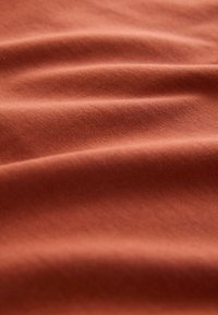 Tkanina v rustikálnej farbe s hladkou štruktúrou, zobrazujúca jemné záhyby a vrásky. Materiál vyzerá ľahko a priedušne.