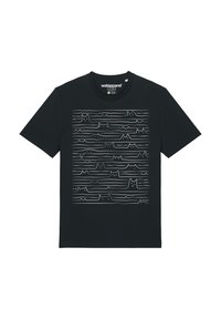 Schwarzes Baumwoll-T-Shirt mit einem weißen Linienstil-Design von Katzen und Wellen auf der Vorderseite. Runder Ausschnitt, kurze Ärmel, lockere Passform.