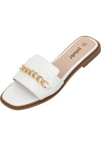 Vit öppen tå slidesandal med guldkedjedetalj, beige innersula och brun sula, storlek 37, varumärket "Palado" synligt inuti.