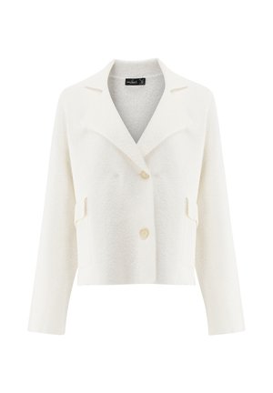 Weiße, strukturierte, kurz geschnittene Jacke mit breiten Revers, zwei Knöpfen und Fronttaschen, auf einfachem Hintergrund präsentiert.