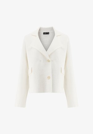 Weiße, strukturierte, kurz geschnittene Jacke mit breiten Revers, zwei Knöpfen und Fronttaschen, auf einfachem Hintergrund präsentiert.