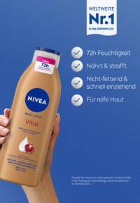 Hand holding NIVEA Vital body lotion bottle with pomegranate, highlighting 72h moisture, non-greasy, firming, fast absorbing, for mature skin.