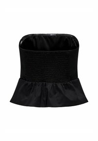 Top negro sin tirantes con un cuerpo fruncido y dobladillo acampanado, confeccionado en una tela suave, con un forro interior liso.