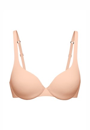 Beige padded bra with adjustable straps and underwire, designed for support and comfort, shown against a white background.