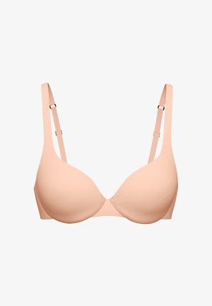 Beige padded bra with adjustable straps and underwire, designed for support and comfort, shown against a white background.