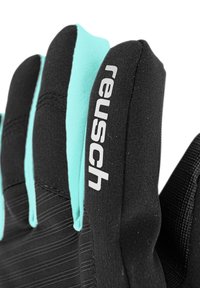 Schwarze Handschuhe mit türkisfarbenen Akzenten, ausgestattet mit einer strukturierten Grifffläche und einem auffälligen weißen "reusch"-Logo auf der Rückseite. Design mit vier Fingern.