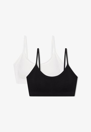 Due bralette senza cuciture, uno nero e uno bianco. Il design presenta spalline sottili, un collo rotondo e un tessuto morbido e elasticizzato.