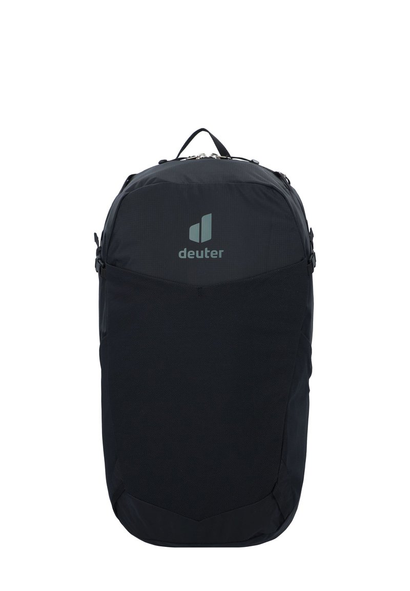 Black backpack with a rounded shape, made from smooth nylon. Features a prominent logo and a top handle for carrying.